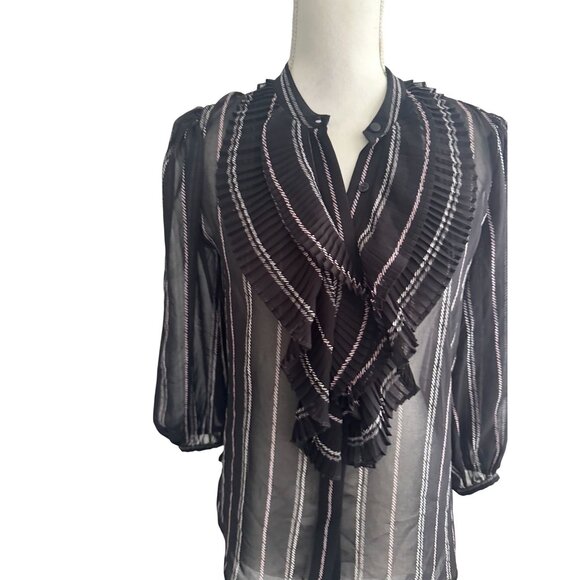 WHITE HOUSE BLACK MARKET WHBM Black White Striped Sheer Ruffle Blouse Size S - Picture 6 of 9